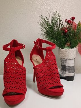 Aldo Red Laser-Cut Ankle Strap Stiletto Heels